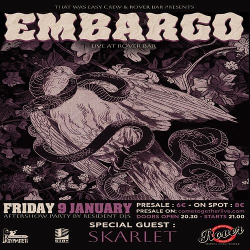EMBARGO Live @ Rover || FRI 9 JAN || Special Guest: SKARLET